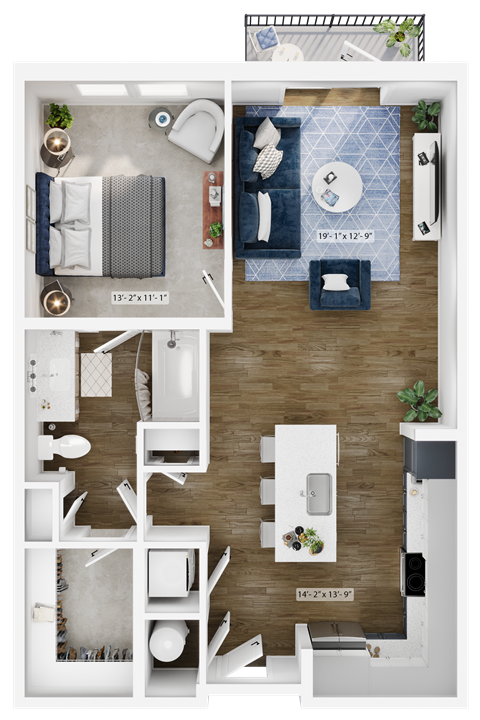 Floor plan for 1 bed, 1 bath, 800 sqft